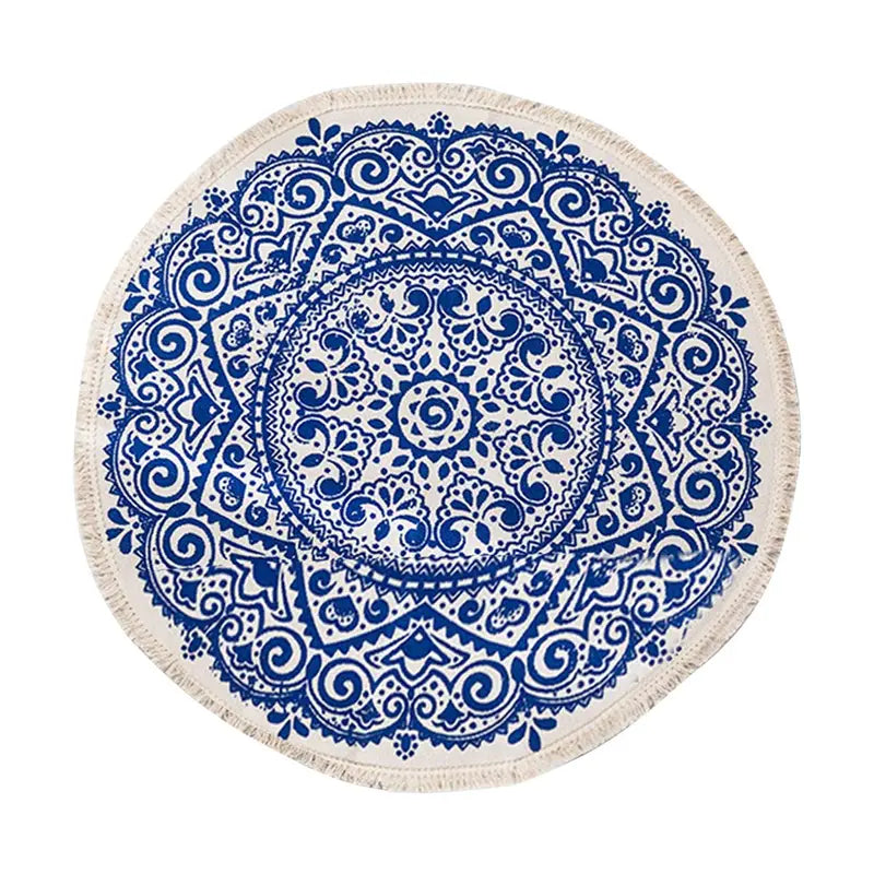 Chic Round Cotton Boho Mandala Area Rug with Tassels