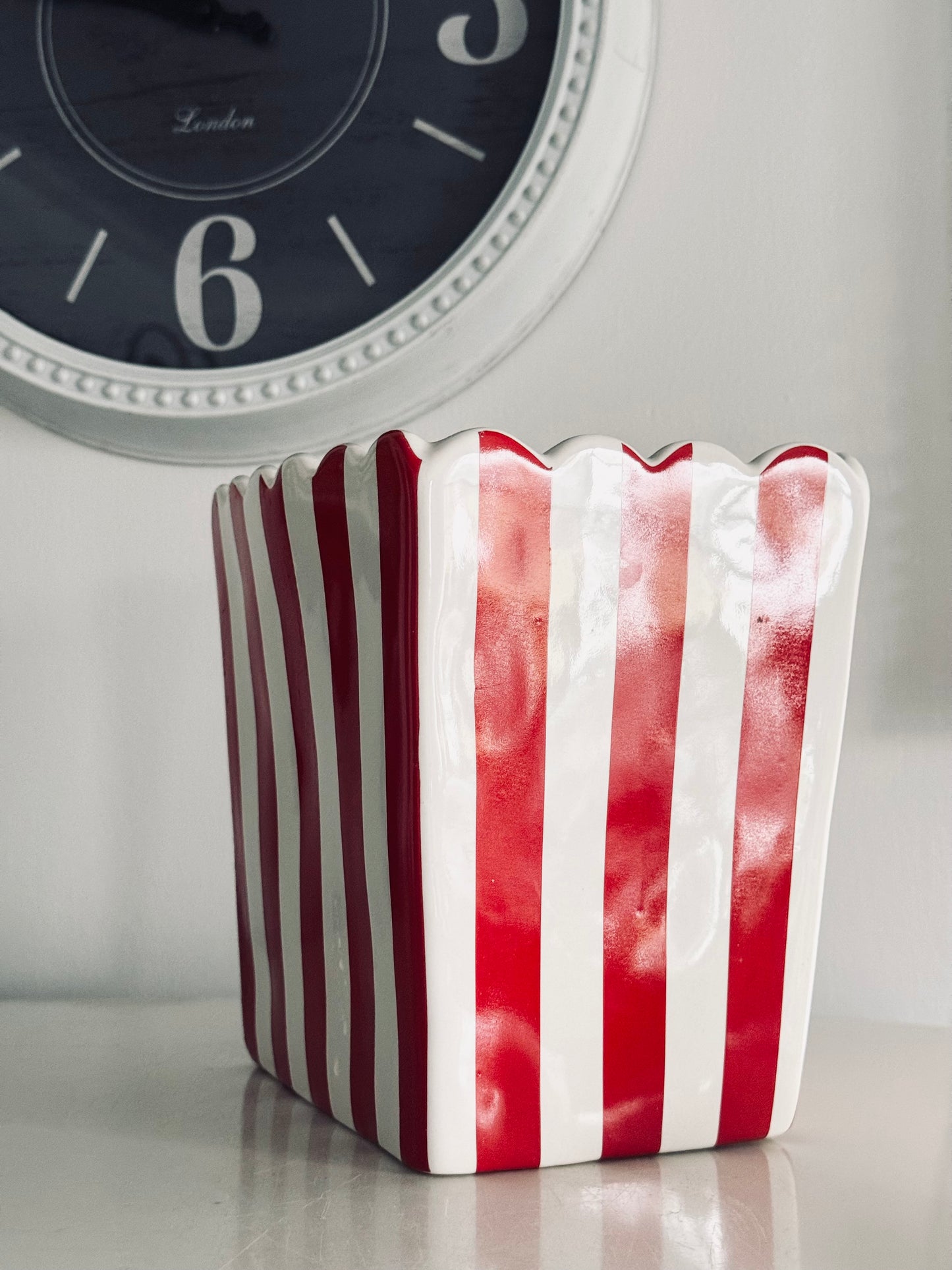 Rae Dunn by Magenta, LL Ceramic Popcorn Bucket , Red/White Striped