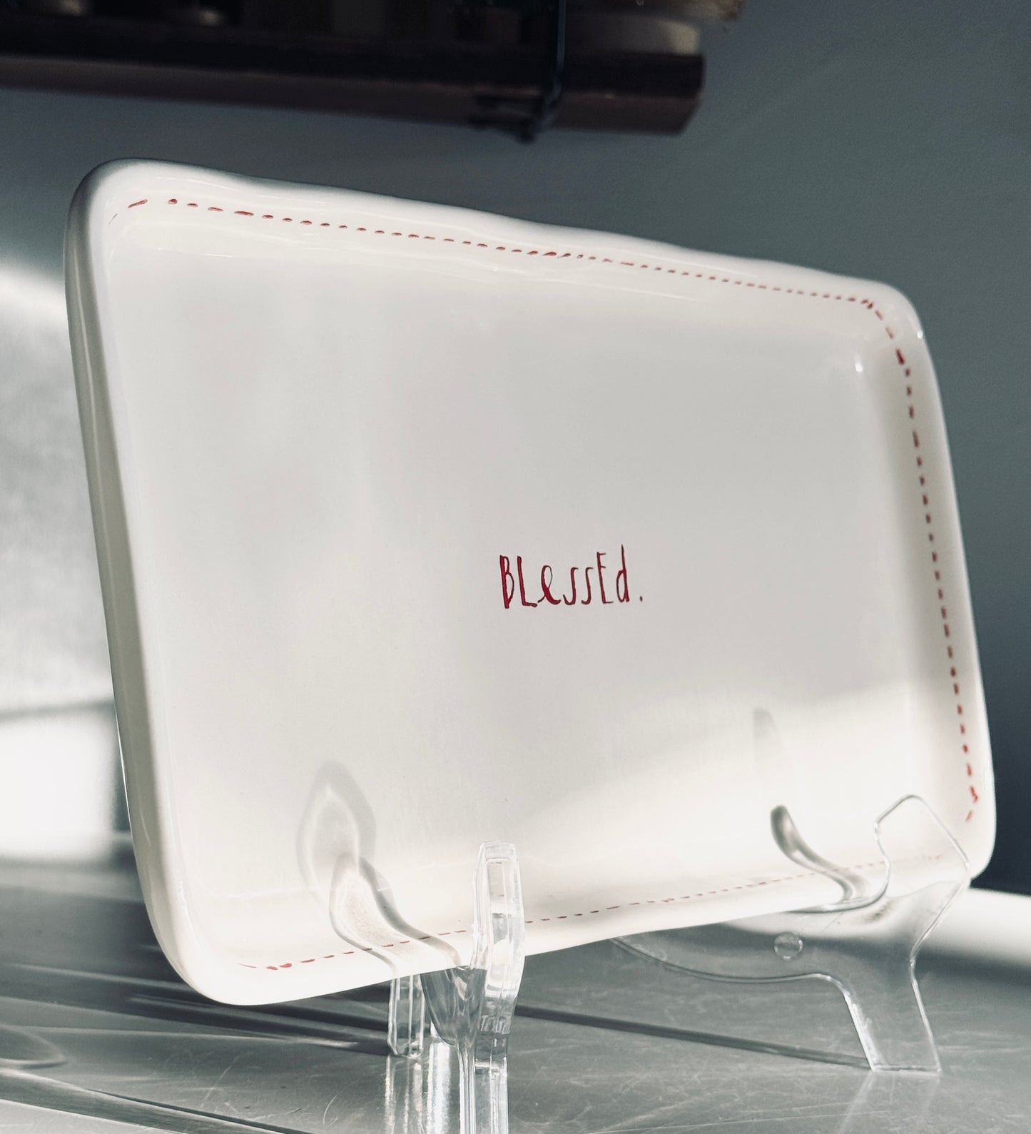 Rae Dunn by Magenta, Ceramic Tray Red Stitching, Etched Blessed, Serving Kitchen Accents