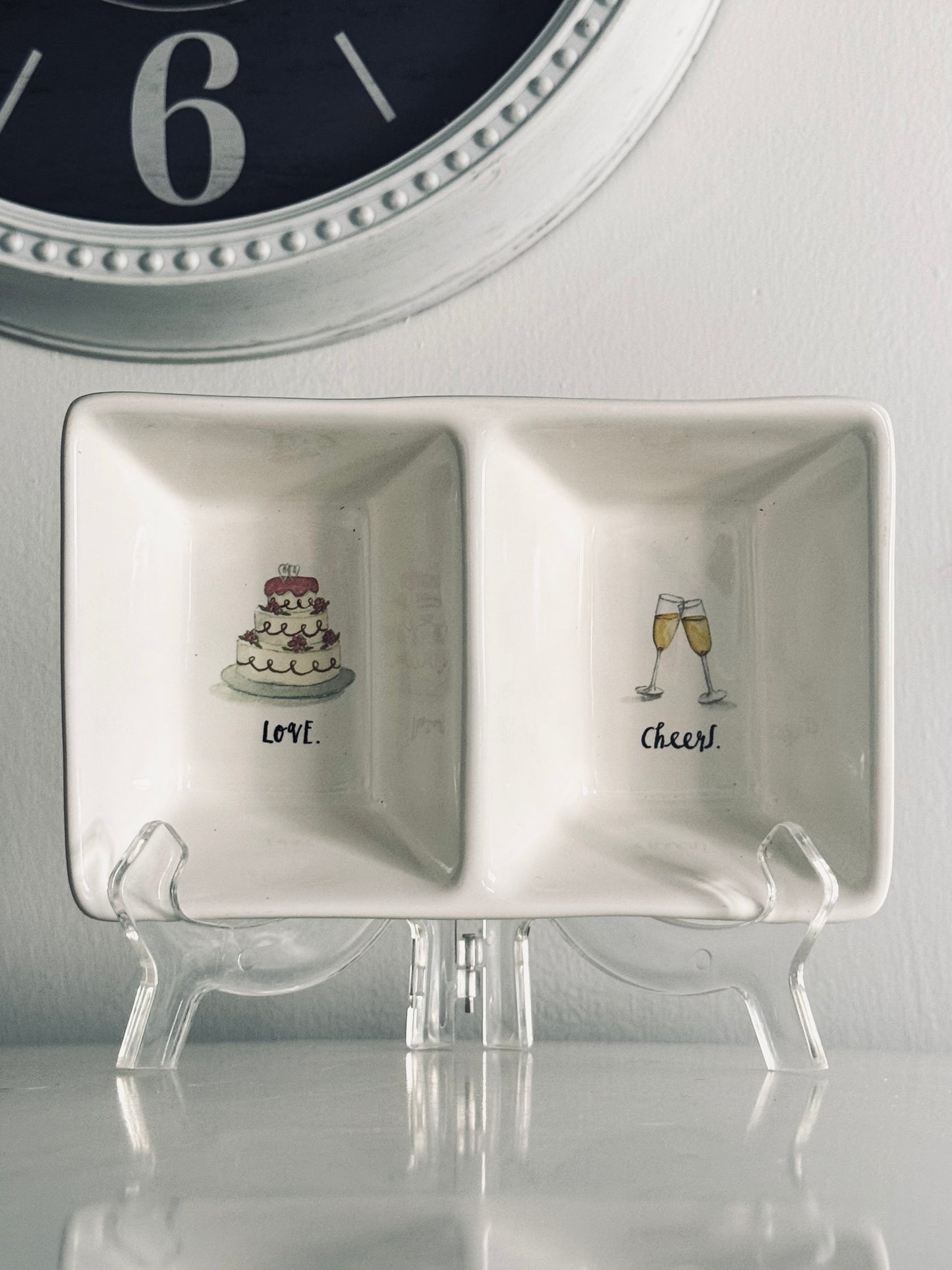 Rae Dunn by Magenta, Ceramic Etched Divided Tray, Cheers and Love Wedding Jewelry Holder