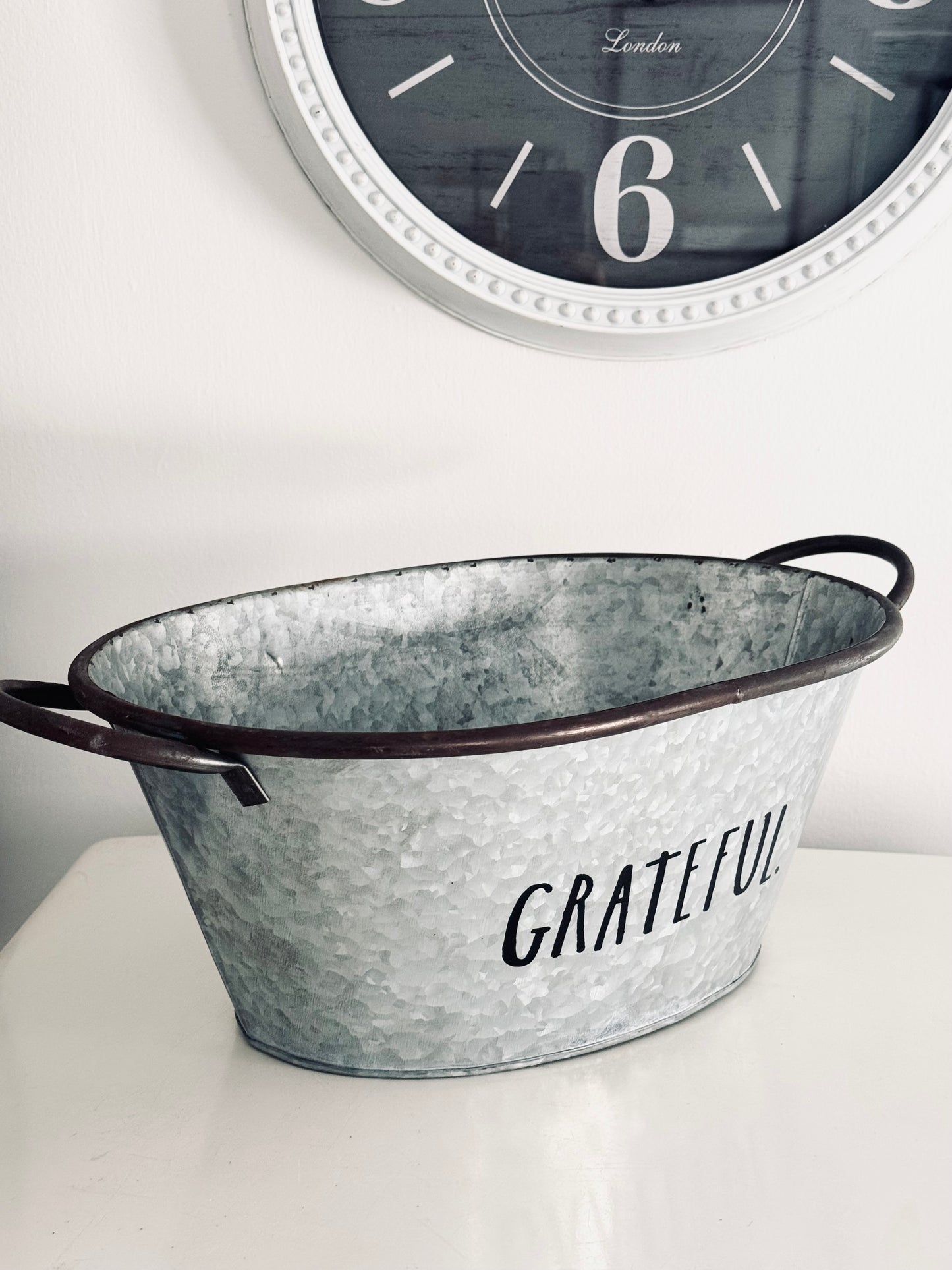 Rae Dunn by Magenta, Galvanized Tin Drink Bucket Etched Grateful, Kitchen Accent