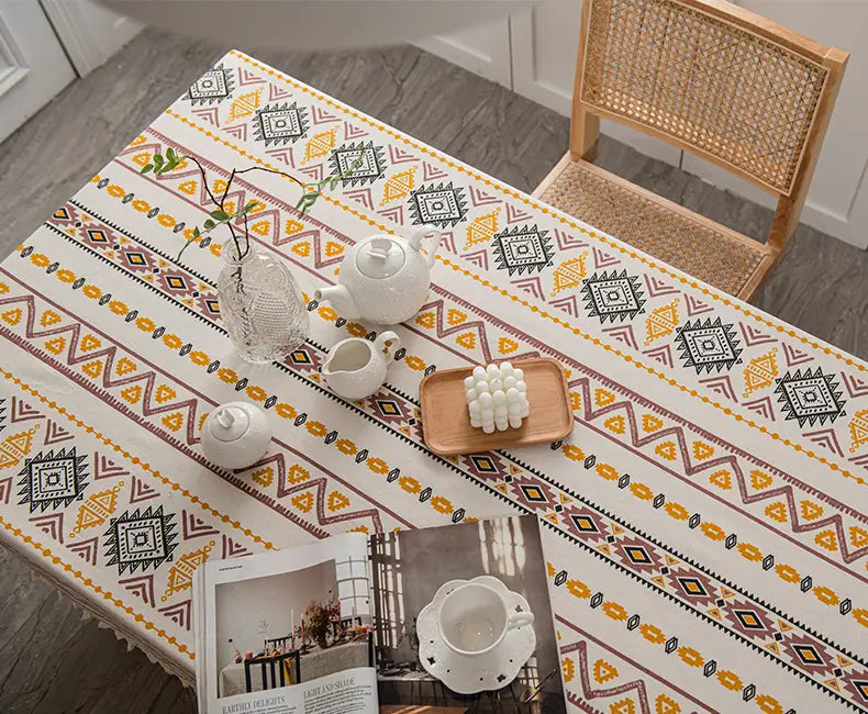 Boho Summer Cotton Linen Tablecloth with Tassels