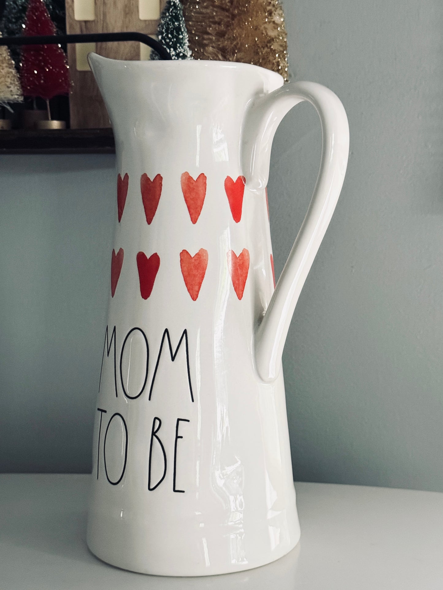 Rae Dunn by Magenta, Large Ceramic Mom To Be Cold Beverage Pitcher Carafe Etched Hearts