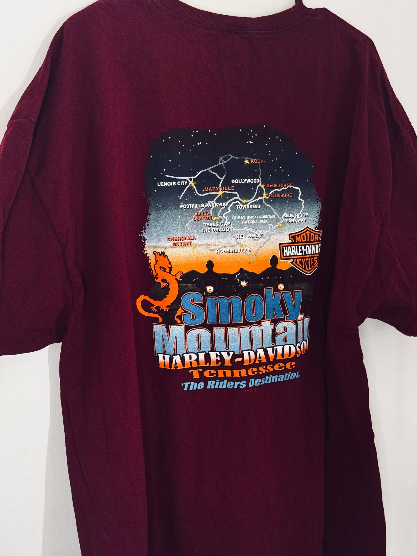 Harley Davidson Motorcycles, 2015 Maroon Smoky Mountain, Tennessee Tshirt, Size 3XL