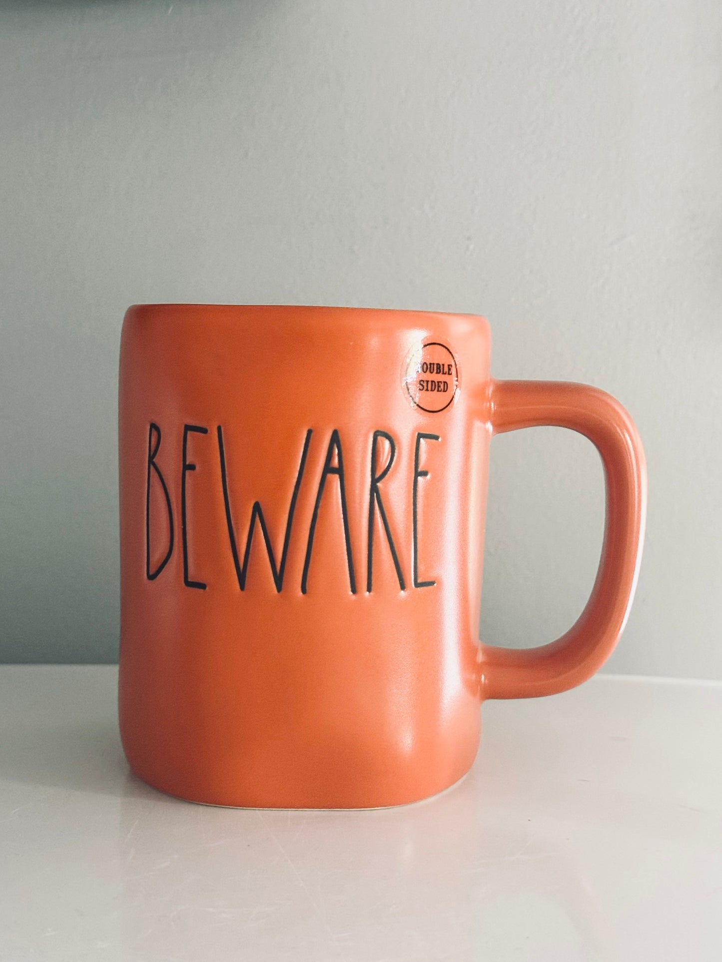 Rae Dunn by Magenta, Ceramic LL Orange Beware Double Sided Coffee Tea Mug