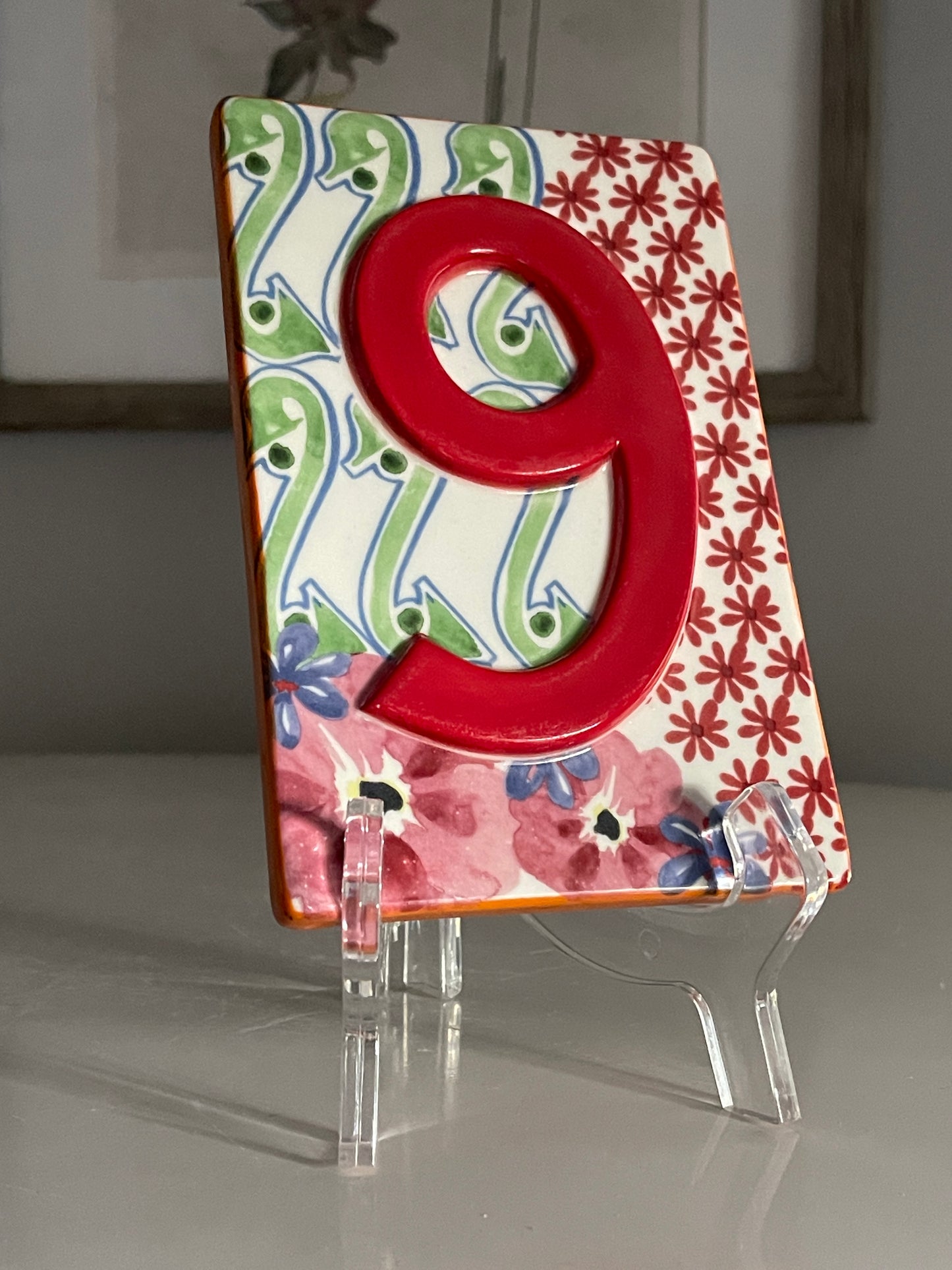 Anthropologie, Ceramic Floral Hand Painted House Number Plaque #9