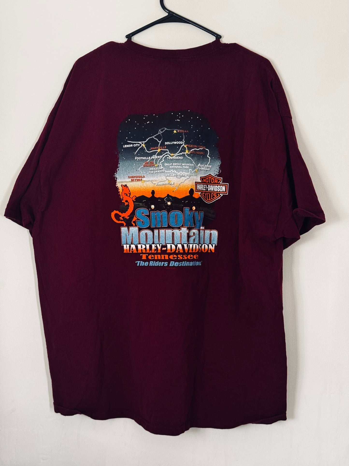 Harley Davidson Motorcycles, 2015 Maroon Smoky Mountain, Tennessee Tshirt, Size 3XL