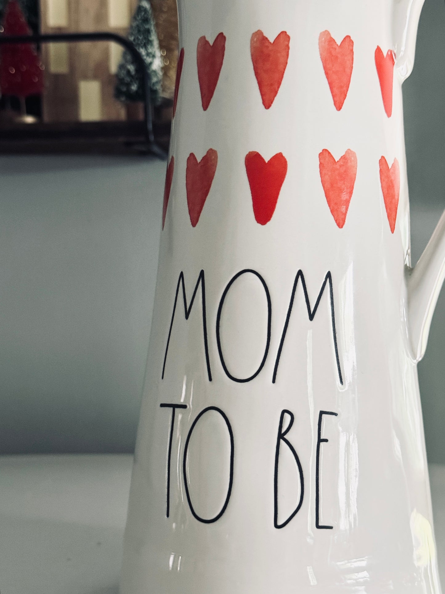 Rae Dunn by Magenta, Large Ceramic Mom To Be Cold Beverage Pitcher Carafe Etched Hearts