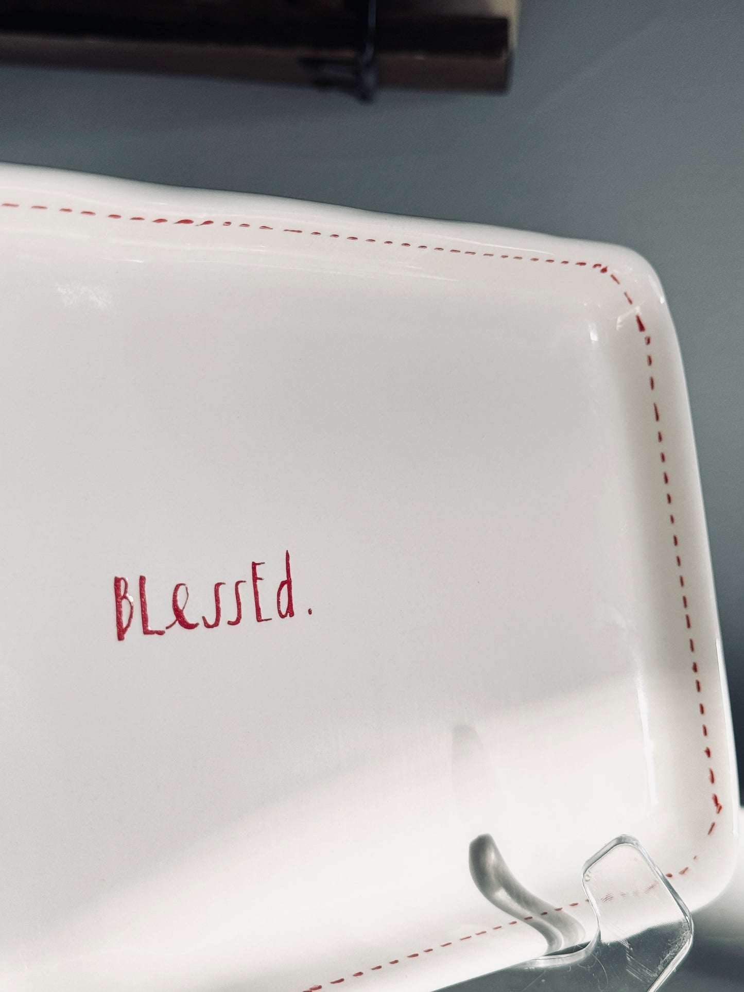 Rae Dunn by Magenta, Ceramic Tray Red Stitching, Etched Blessed, Serving Kitchen Accents