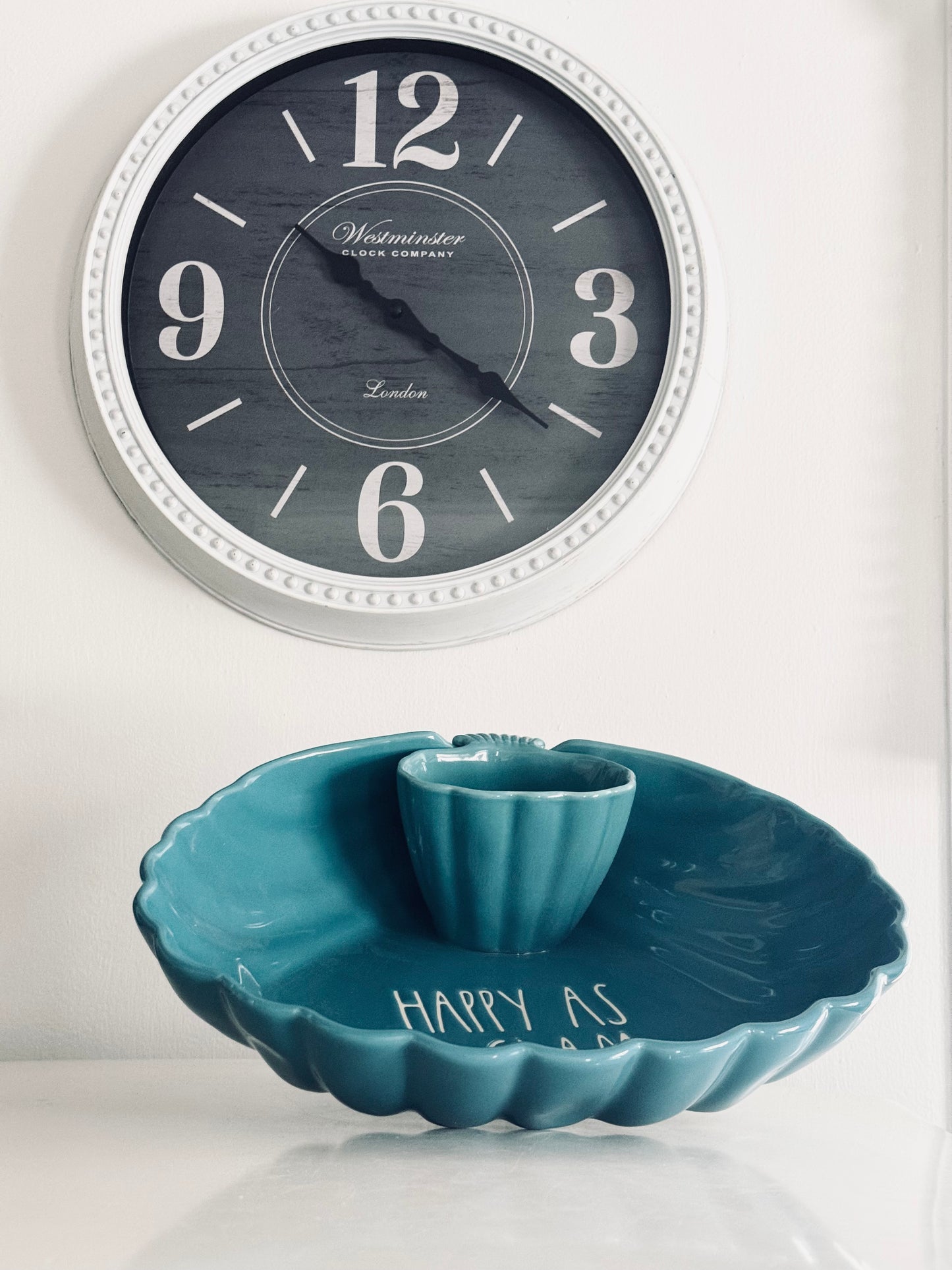 Rae Dunn by Magenta, Extra Large Teal Happy as a Clam Two Tiered Serving Bowl Dining Home