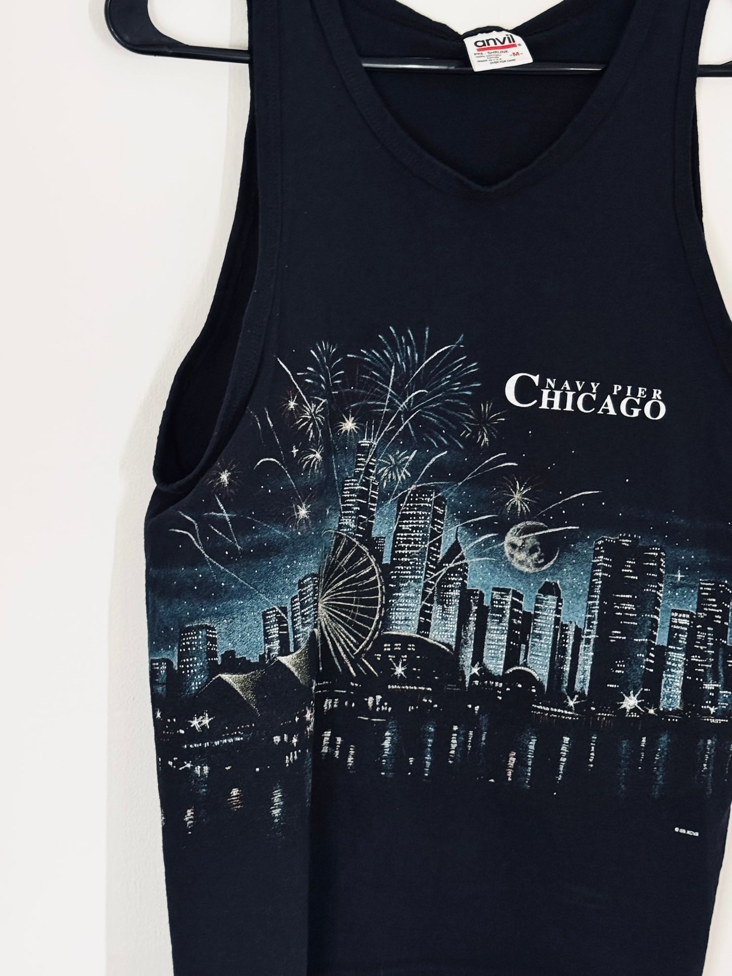 Vintage Y2K 100% Cotton Cut Off, Navy Pier Chicago Black Graffiti Graphic Tee