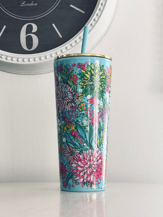 Lilly Pulitzer, Insulated Tumbler With Straw 24Oz Travel Cup, Style Walking On Sunshine