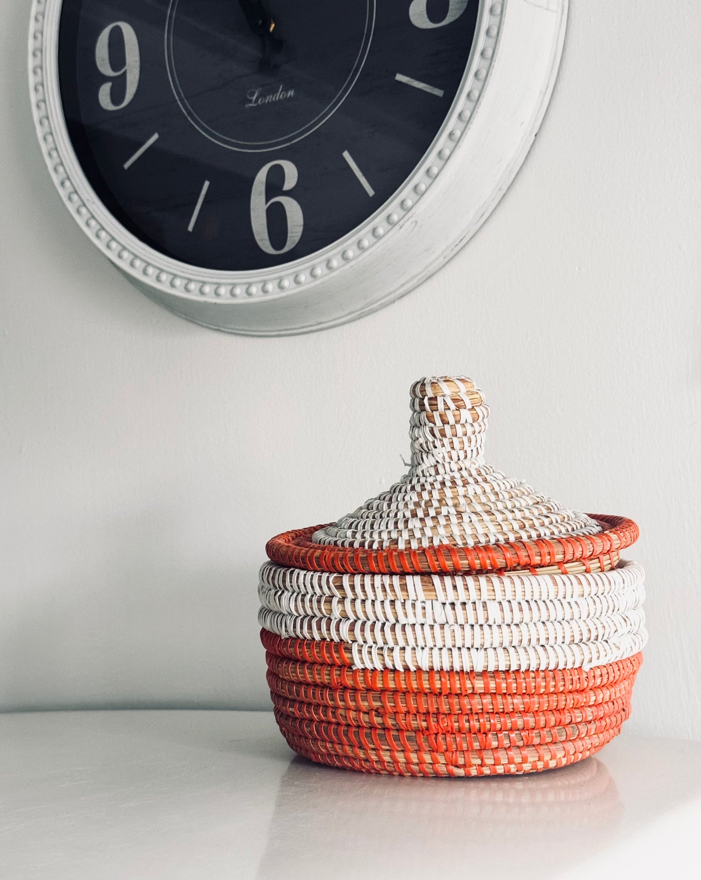 African Cattail Reed Basket, Hand Woven Recycled Plastic Orange White Lidded, Home Decor Accents