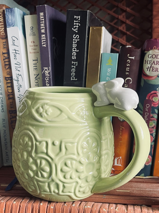 Rae Dunn by Magenta, Lime Green Easter Mug with Ceramic Bunny Vintage Patterns