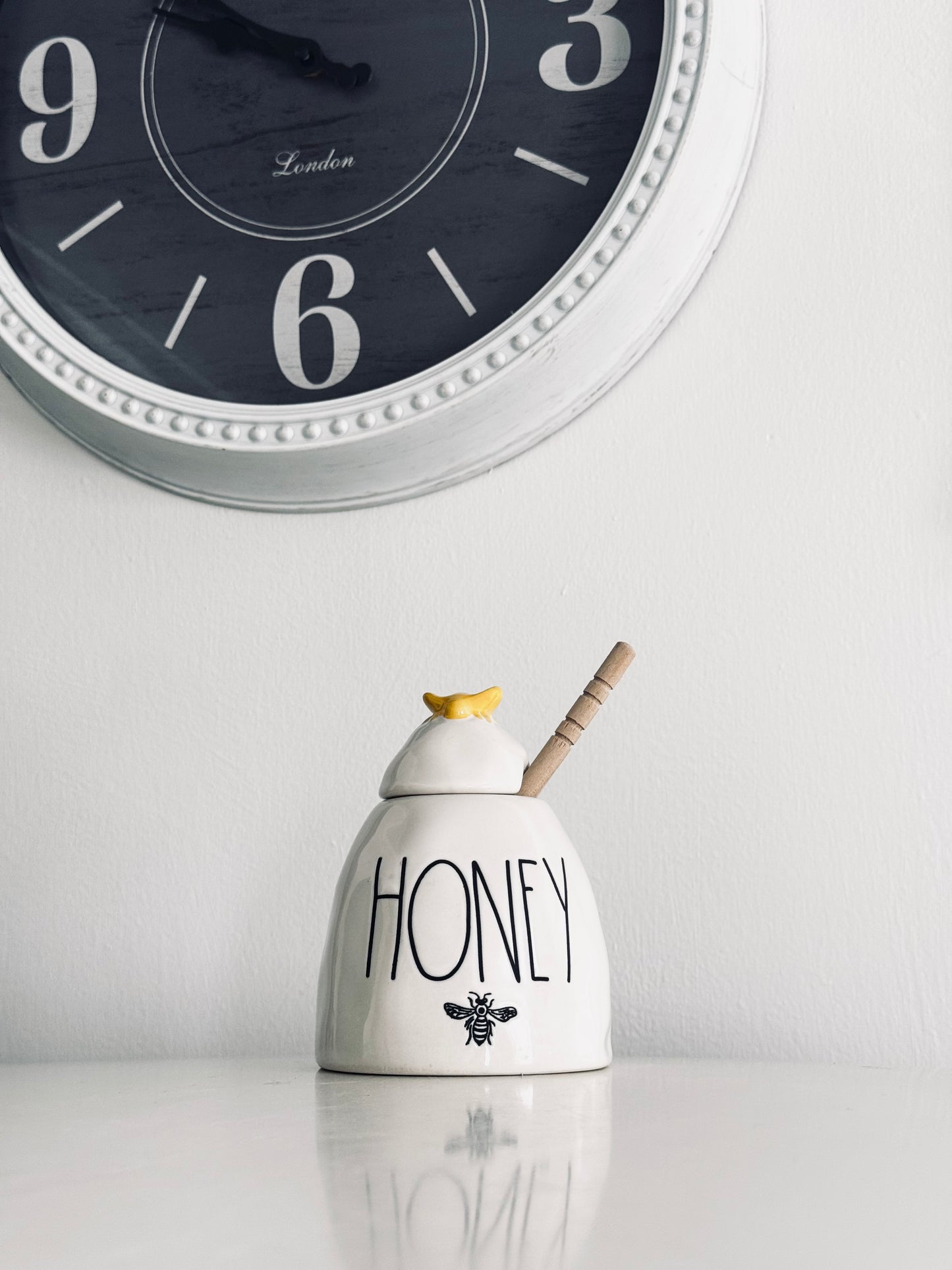 Rae Dunn by Magenta, Ceramic Honey Pot Jar, Wooden Stick, Bee Lid Kitchen Accent