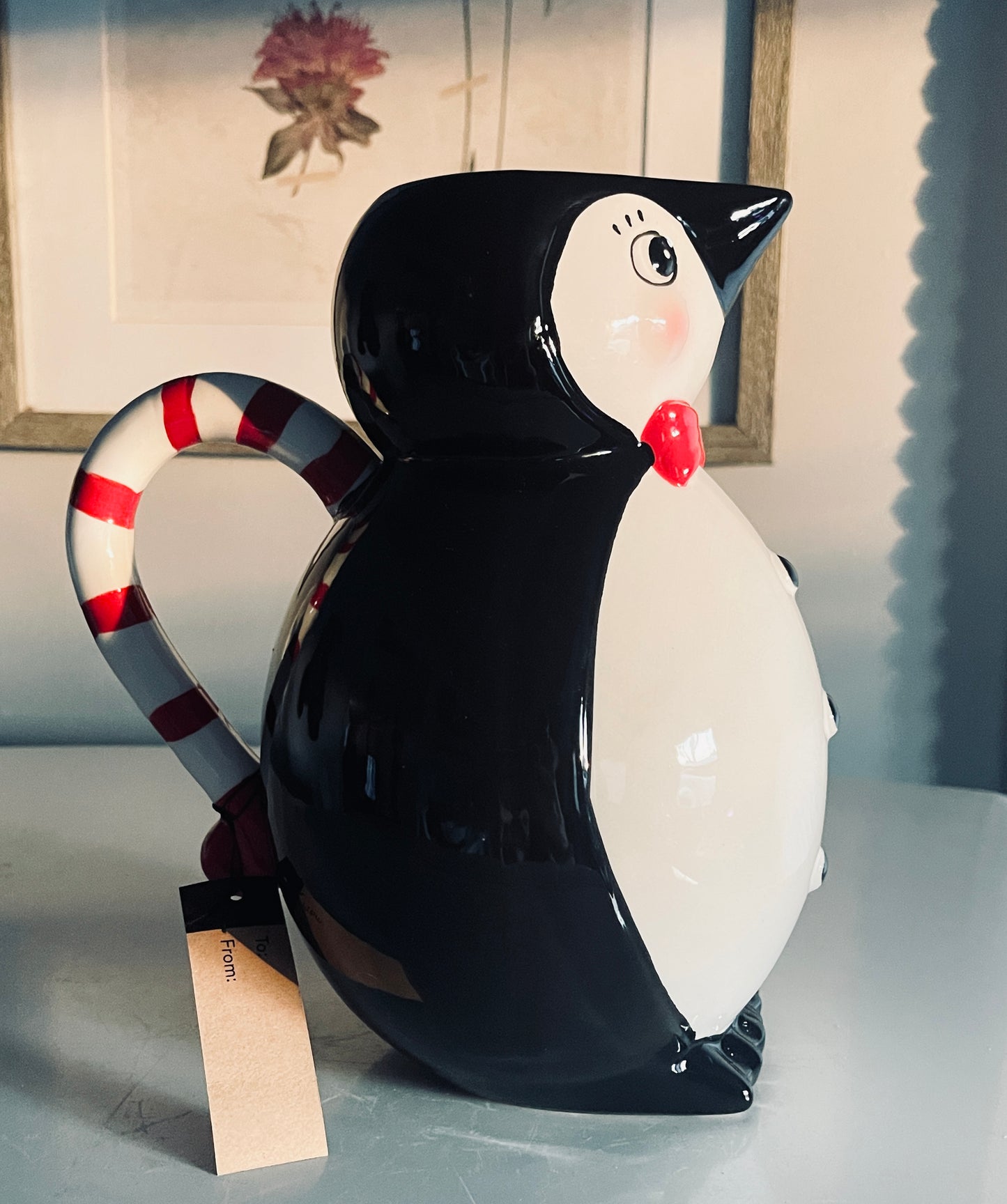 Carnival Cottage Johanna Parker & MAGENTA, Holiday Penguin Serving Pitcher with Candy Cane Patterned Handle