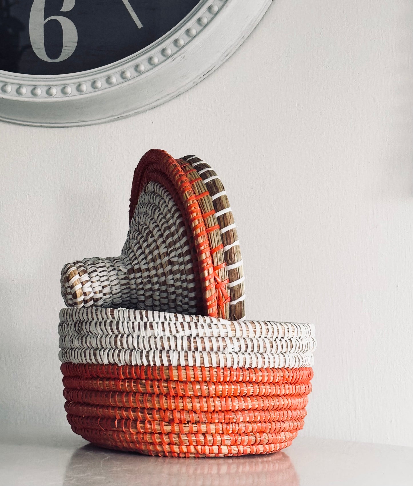 African Cattail Reed Basket, Hand Woven Recycled Plastic Orange White Lidded, Home Decor Accents