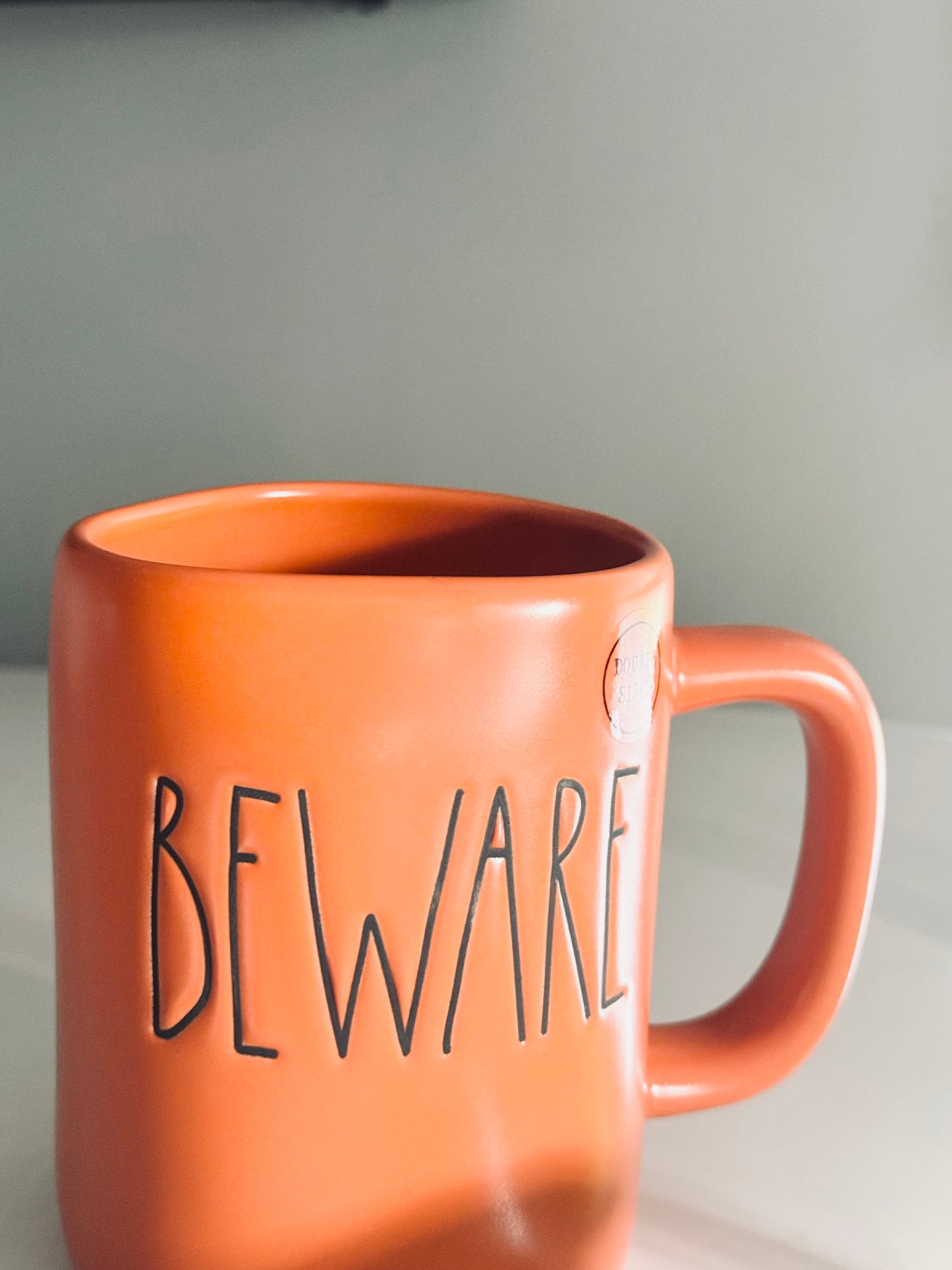 Rae Dunn by Magenta, Ceramic LL Orange Beware Double Sided Coffee Tea Mug