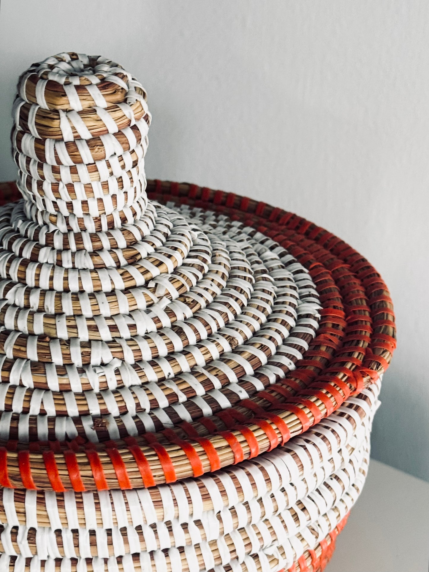 African Cattail Reed Basket, Hand Woven Recycled Plastic Orange White Lidded, Home Decor Accents