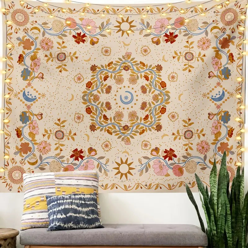 Boho Wall Hanging Tapestry - Sun Moon Stars Decor