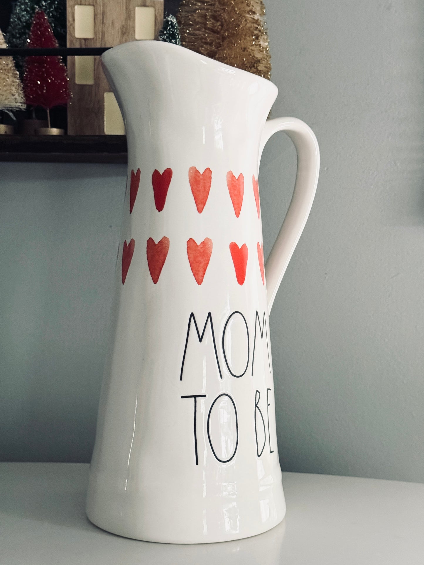 Rae Dunn by Magenta, Large Ceramic Mom To Be Cold Beverage Pitcher Carafe Etched Hearts