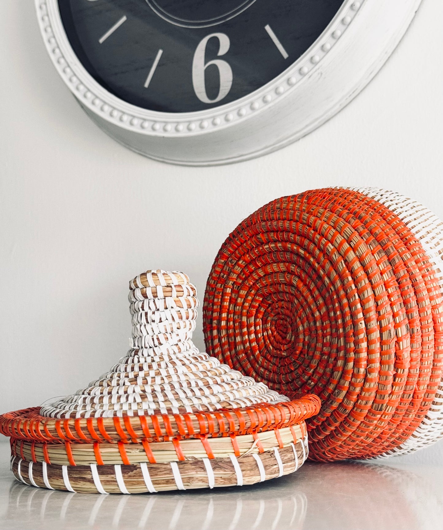 African Cattail Reed Basket, Hand Woven Recycled Plastic Orange White Lidded, Home Decor Accents