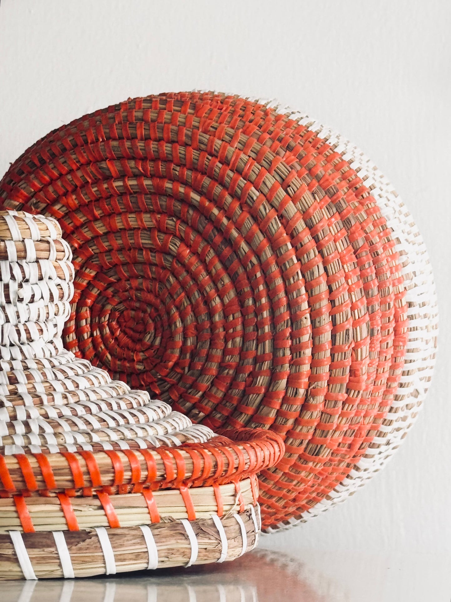 African Cattail Reed Basket, Hand Woven Recycled Plastic Orange White Lidded, Home Decor Accents