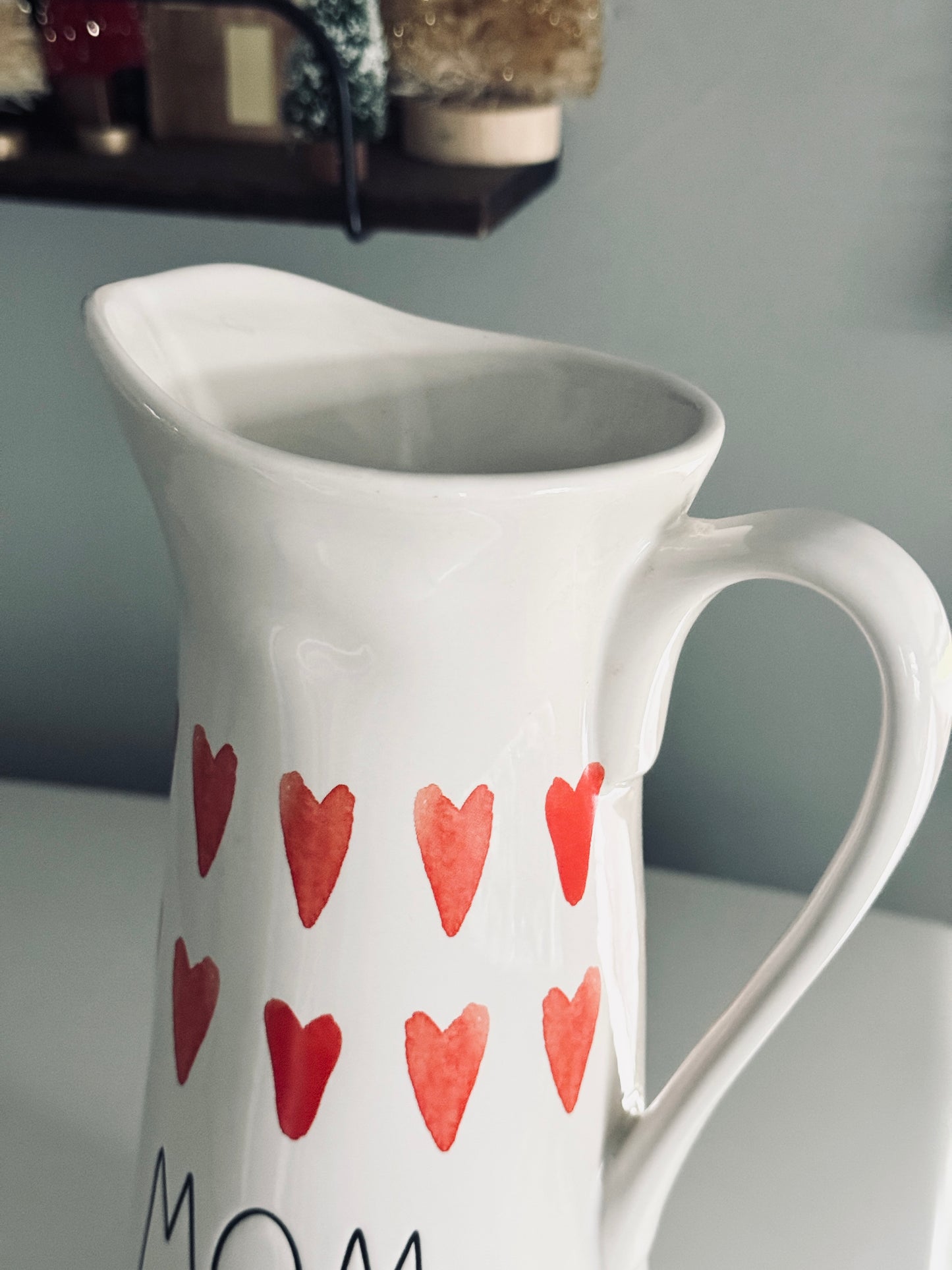 Rae Dunn by Magenta, Large Ceramic Mom To Be Cold Beverage Pitcher Carafe Etched Hearts