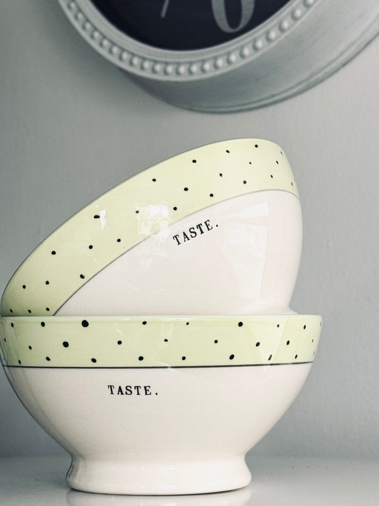 Rae Dunn by Magenta, Green Polka Dot Taste Bowl Set, Farmhouse Kitchen Accents