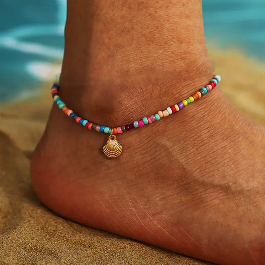 Boho Shell Rope Anklets with Crystal Beads for Women