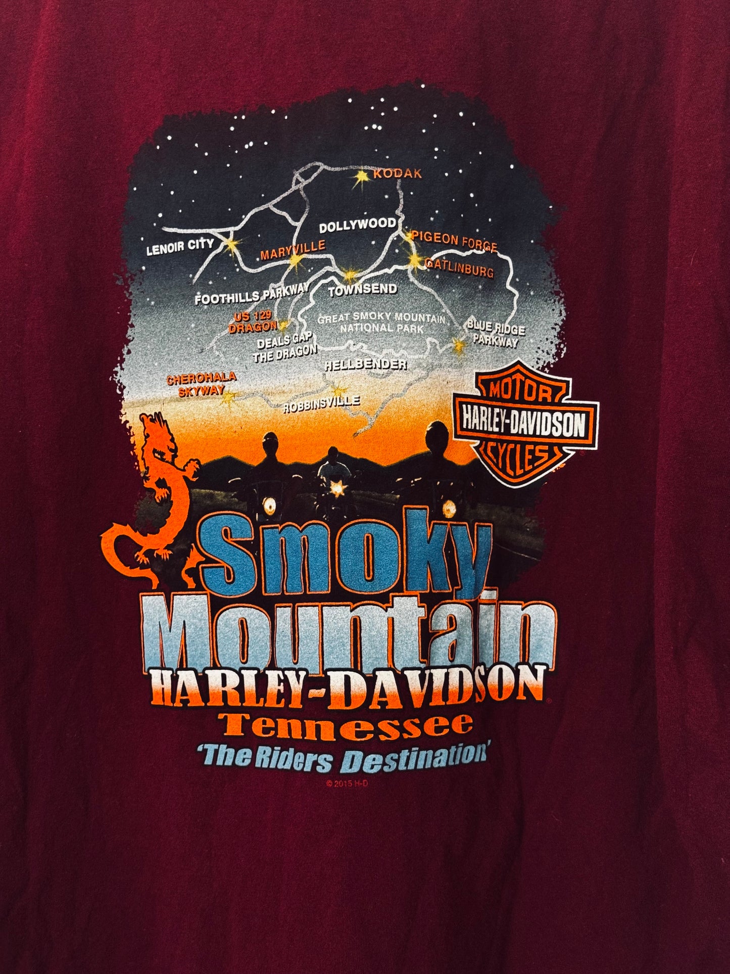 Harley Davidson Motorcycles, 2015 Maroon Smoky Mountain, Tennessee Tshirt, Size 3XL