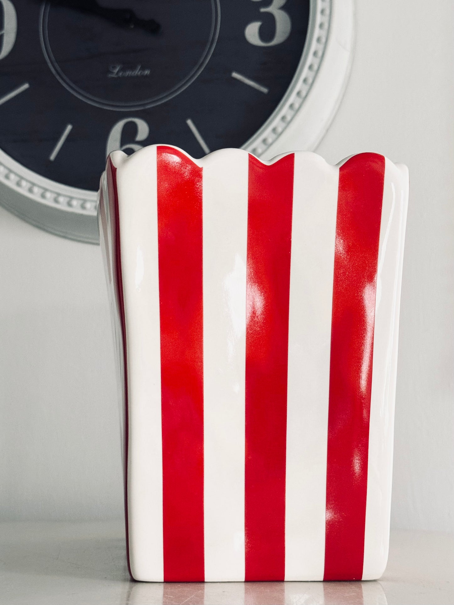 Rae Dunn by Magenta, LL Ceramic Popcorn Bucket , Red/White Striped