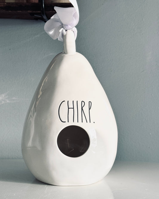 Rae Dunn by Magenta, Ceramic Birdhouse Etched Chirp. Teardrop Shaped, Bird Icon on Back