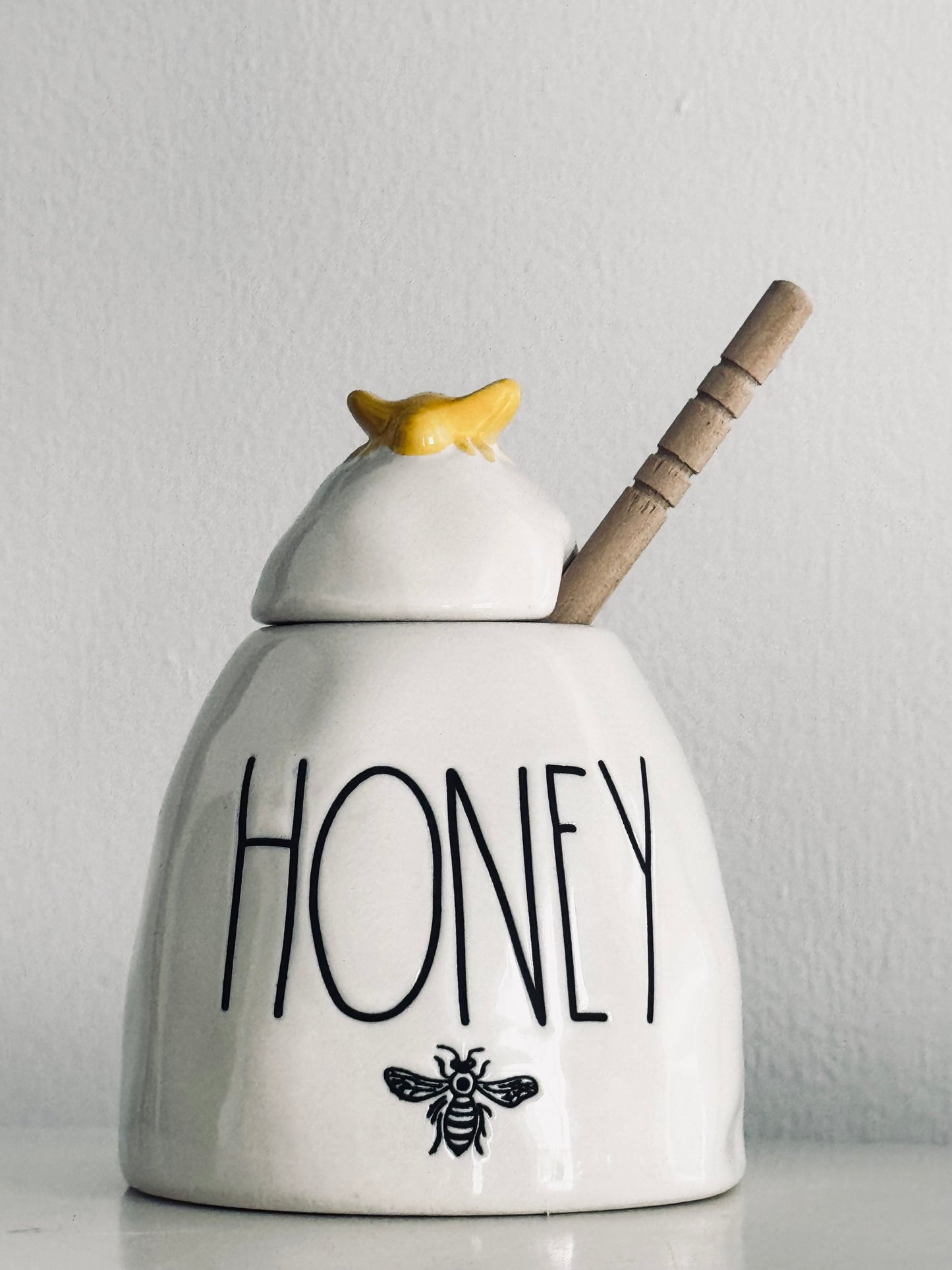 Rae Dunn by Magenta, Ceramic Honey Pot Jar, Wooden Stick, Bee Lid Kitchen Accent