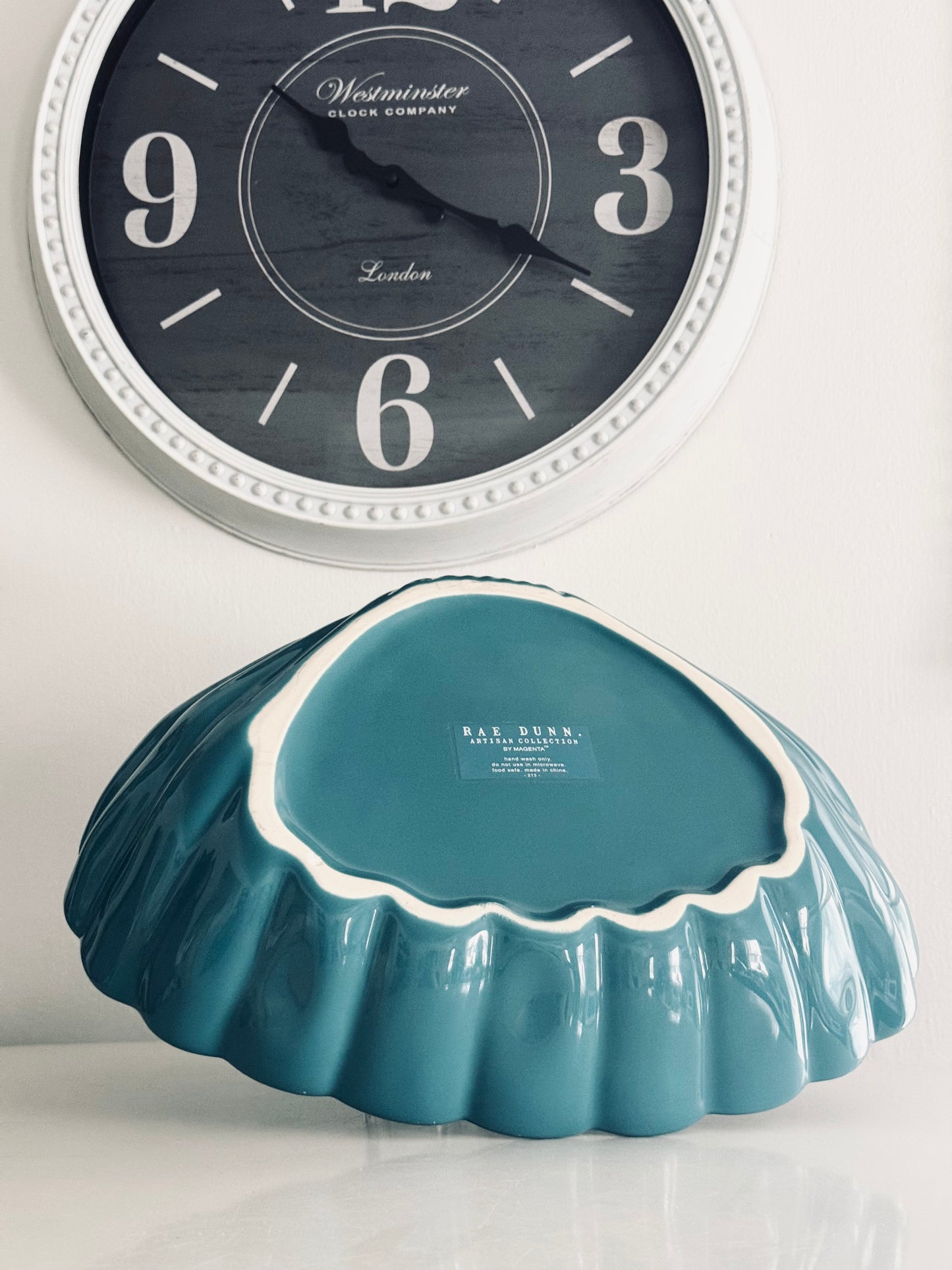 Rae Dunn by Magenta, Extra Large Teal Happy as a Clam Two Tiered Serving Bowl Dining Home