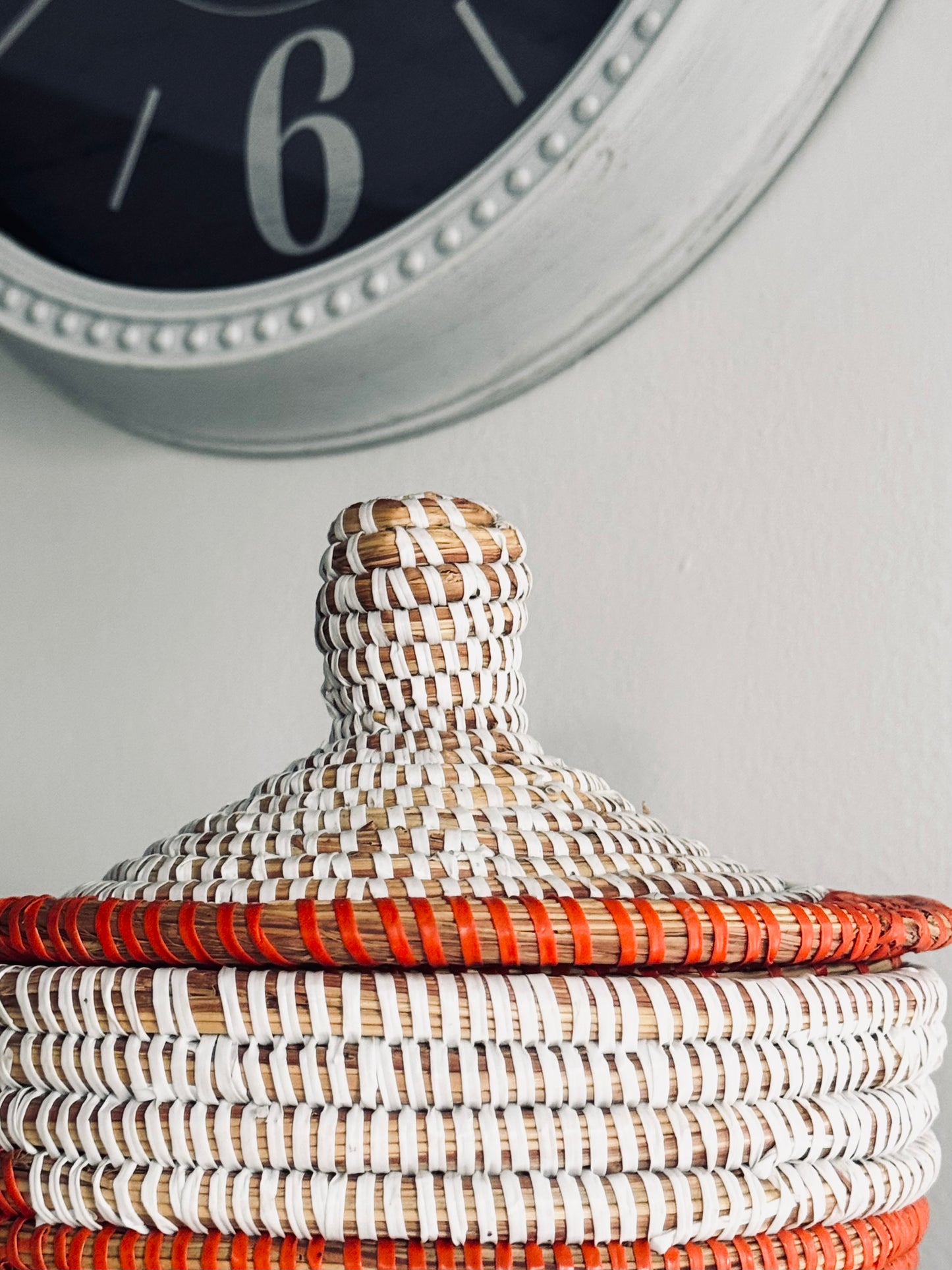 African Cattail Reed Basket, Hand Woven Recycled Plastic Orange White Lidded, Home Decor Accents