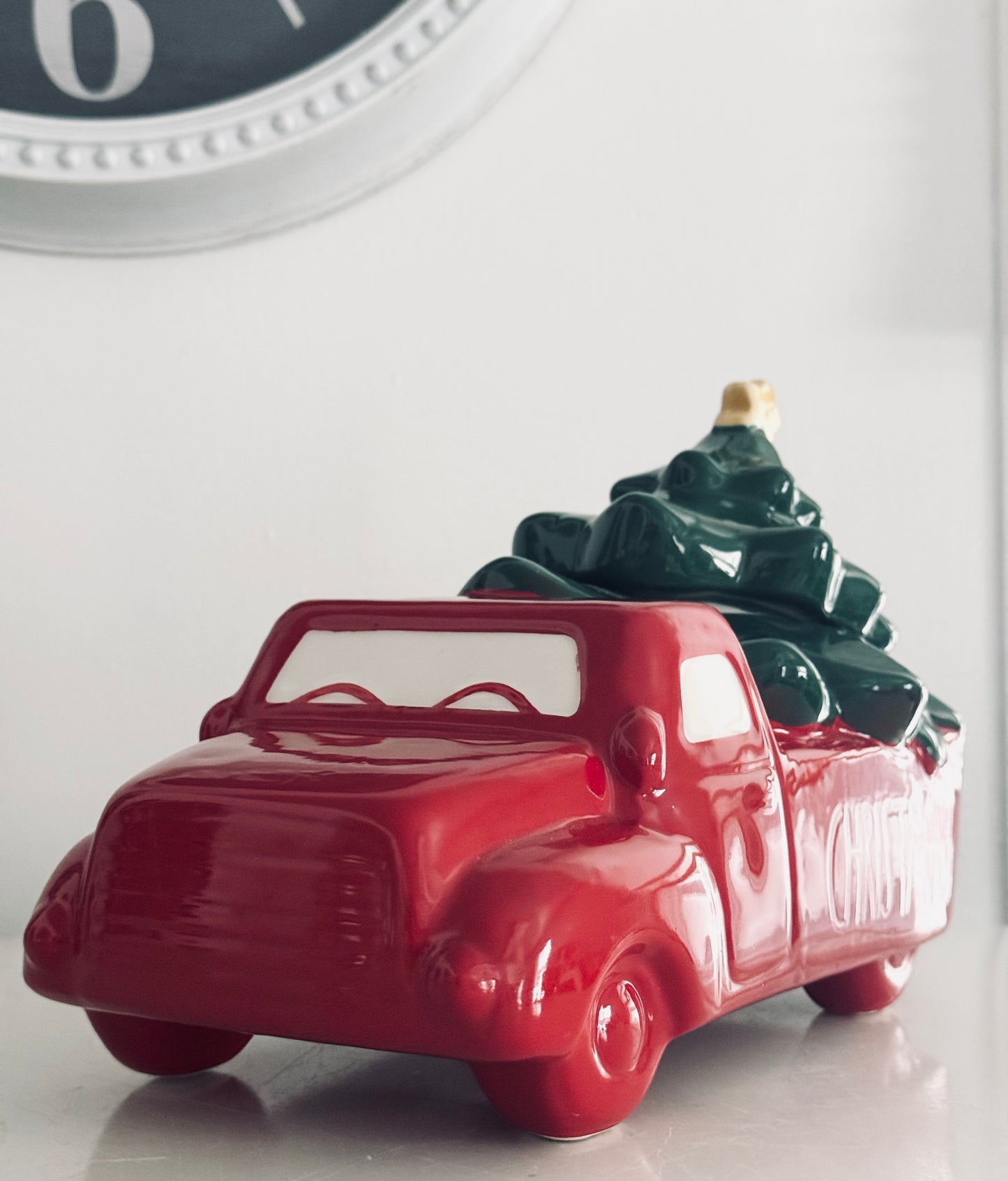 Rae Dunn by Magenta, Red Truck Carrying Christmas Tree Cookie Jar with Lid