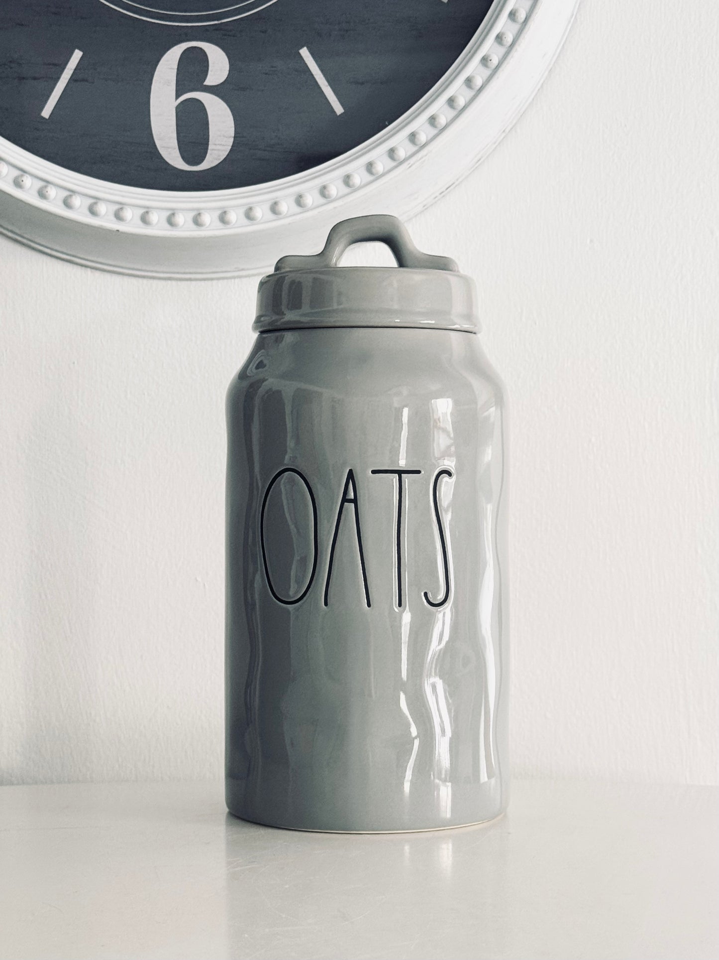 Rae Dunn by Magenta, Farm House Oats Canister, Gray Kitchen Oat Storage Kitchen Accents