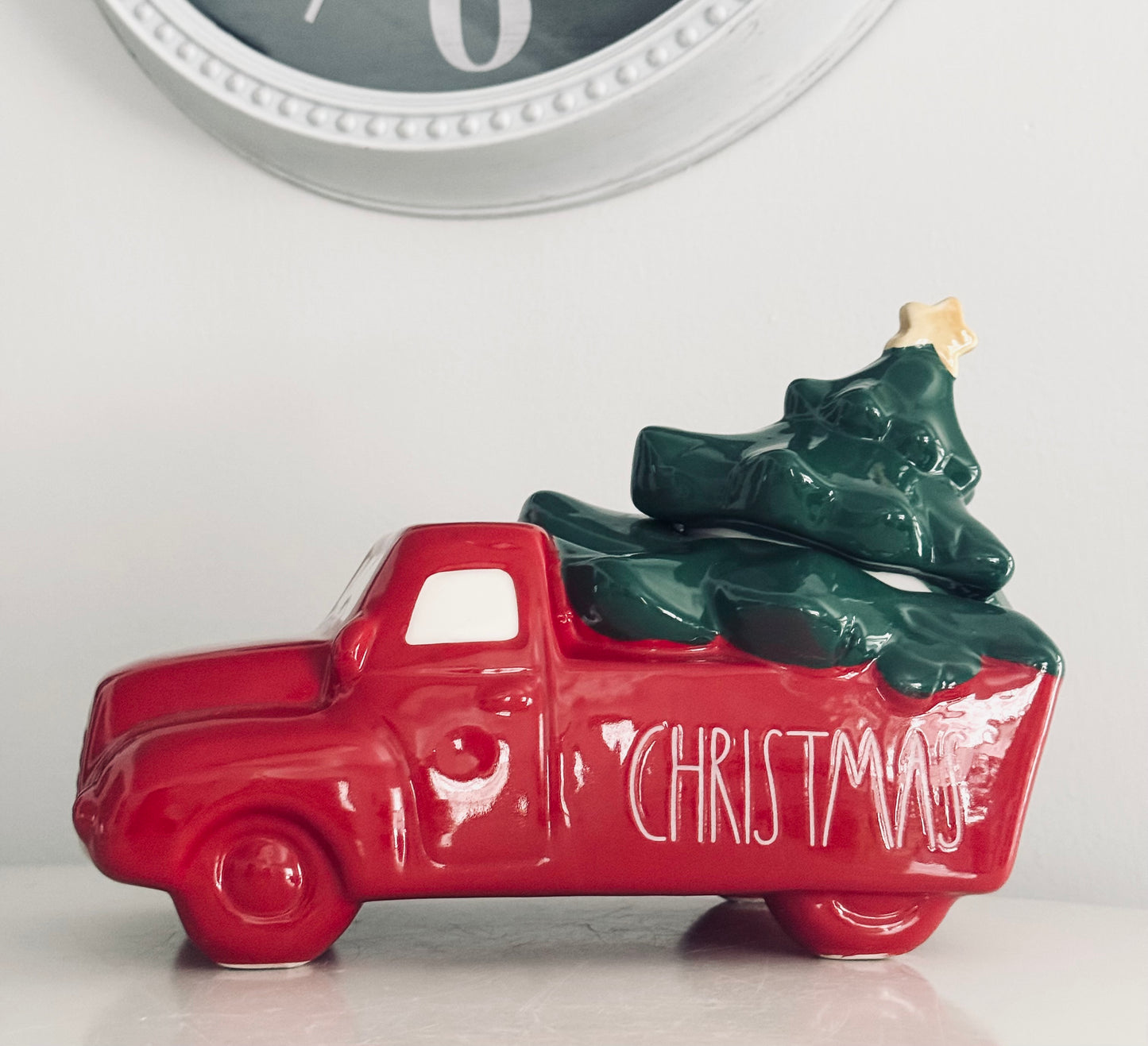 Rae Dunn by Magenta, Red Truck Carrying Christmas Tree Cookie Jar with Lid