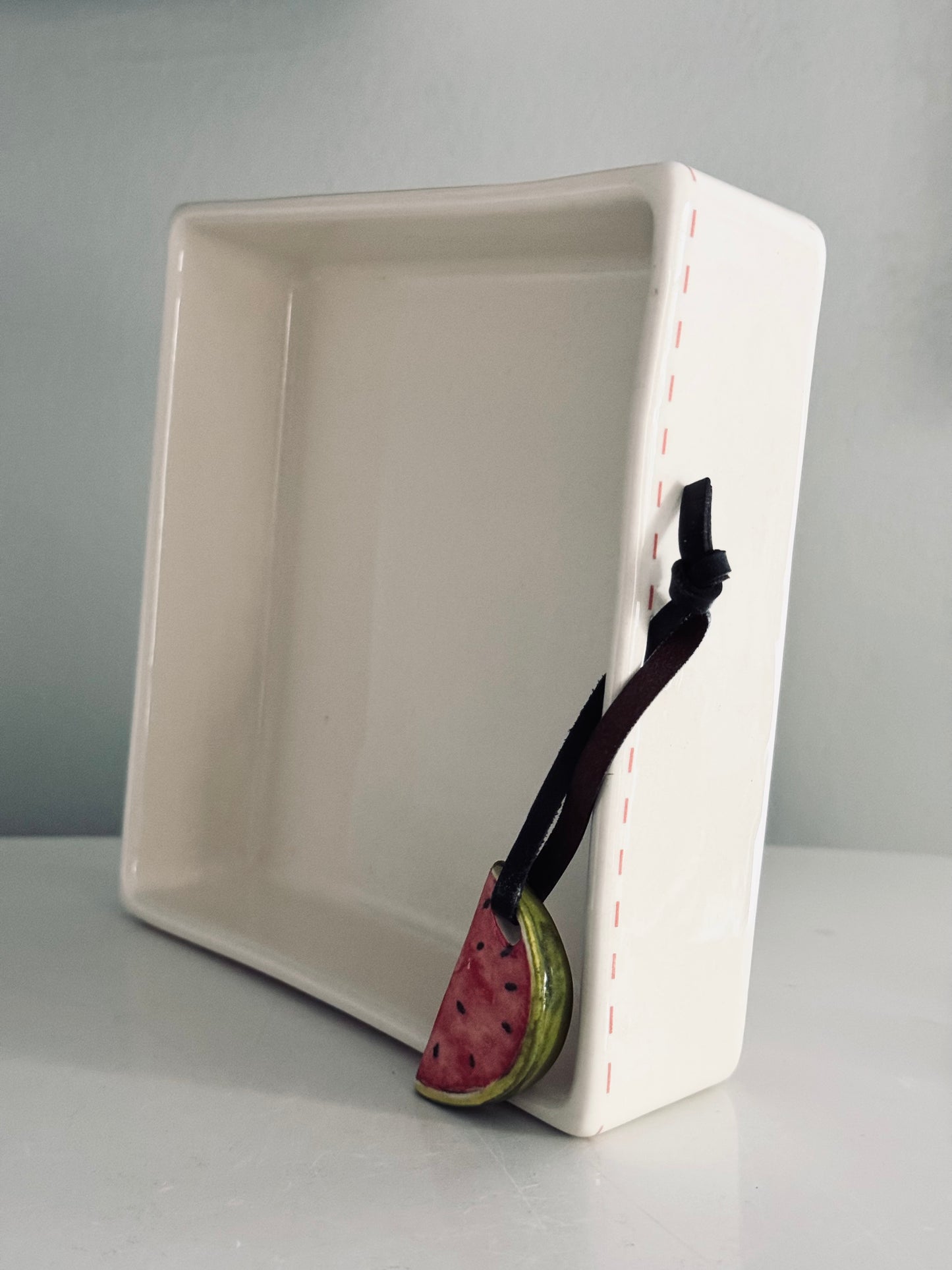 Rae Dunn by Magenta, Square Ceramic Napkin Holder with Watermelon Tassle