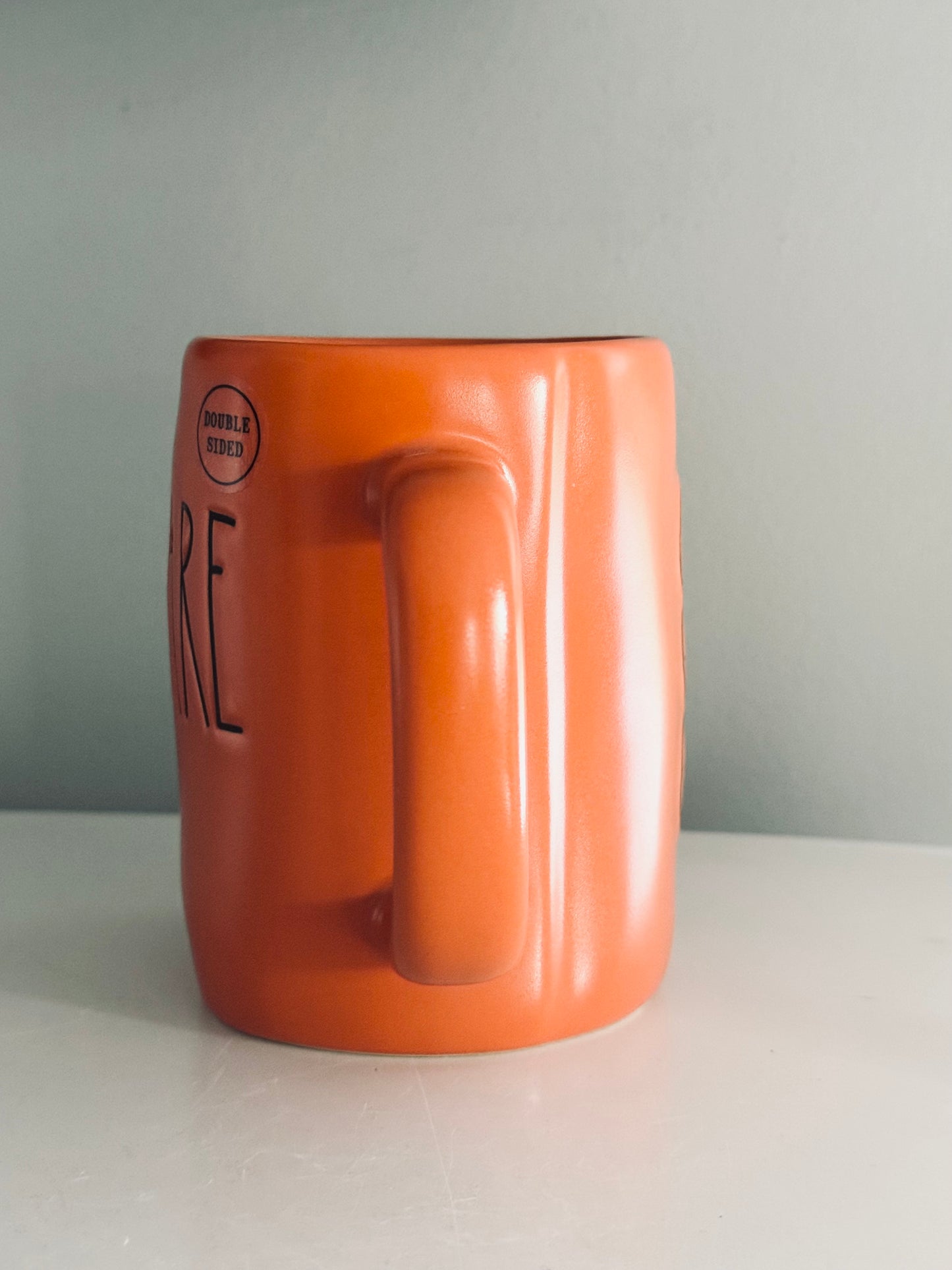 Rae Dunn by Magenta, Ceramic LL Orange Beware Double Sided Coffee Tea Mug