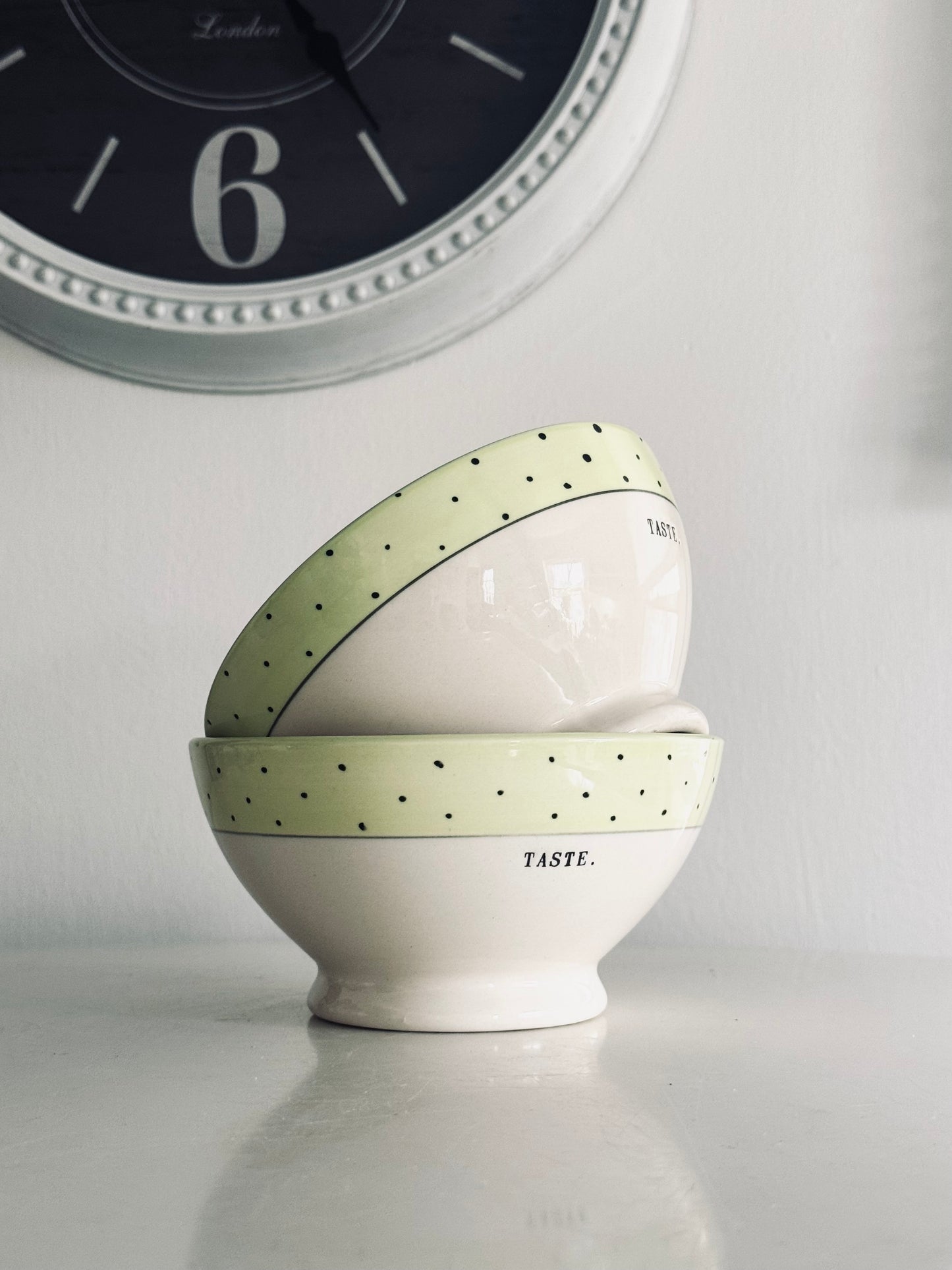 Rae Dunn by Magenta, Green Polka Dot Taste Bowl Set, Farmhouse Kitchen Accents