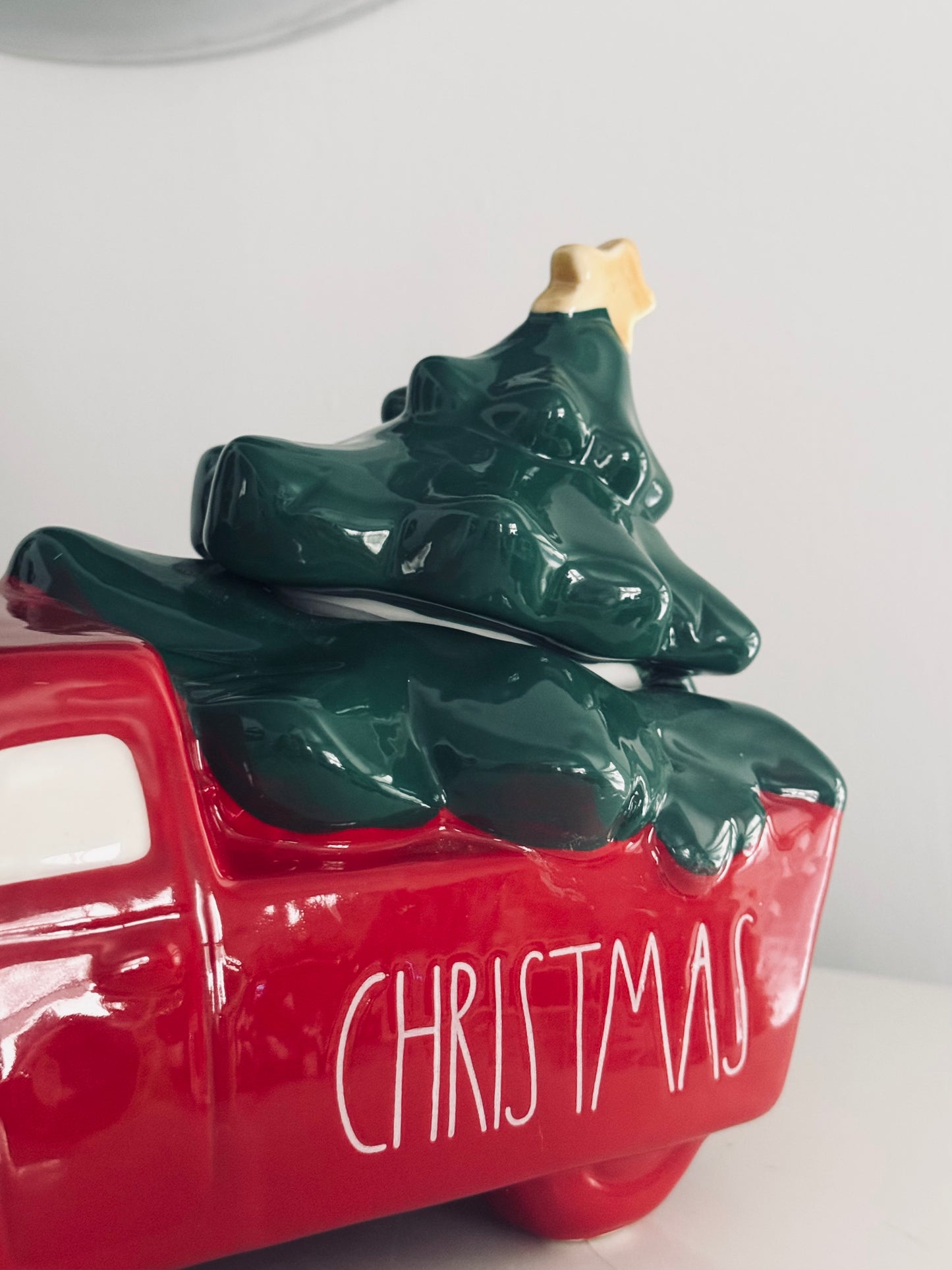 Rae Dunn by Magenta, Red Truck Carrying Christmas Tree Cookie Jar with Lid