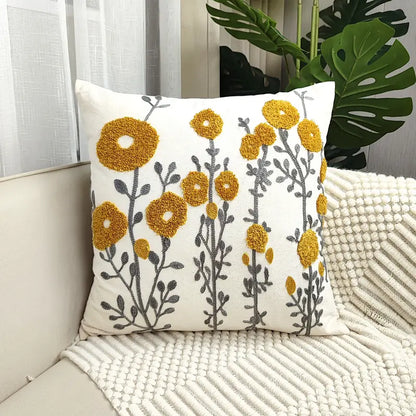 Bohemian Floral Embroidered Cotton Pillow Cover