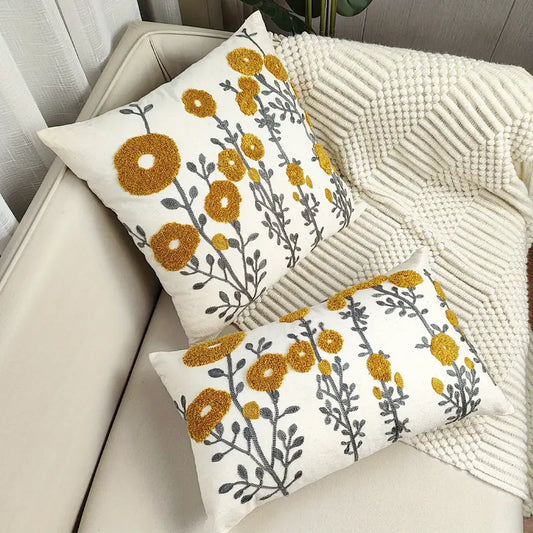 Bohemian Floral Embroidered Cotton Pillow Cover