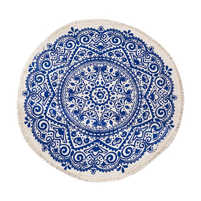 Chic Round Cotton Boho Mandala Area Rug with Tassels