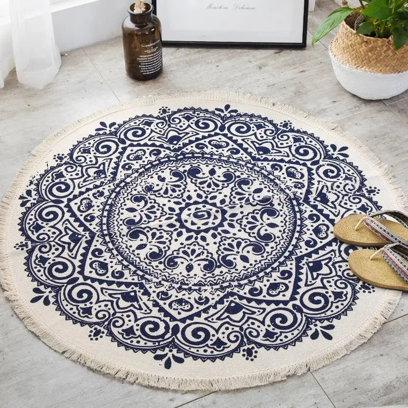 Chic Round Cotton Boho Mandala Area Rug with Tassels