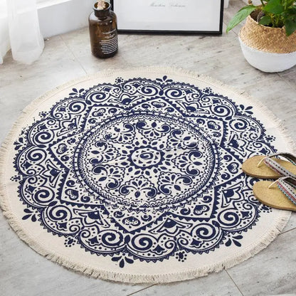 Chic Round Cotton Boho Mandala Area Rug with Tassels