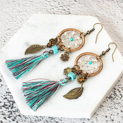 Bohemian Dreamcatcher Leaf Flower Tassel Earrings