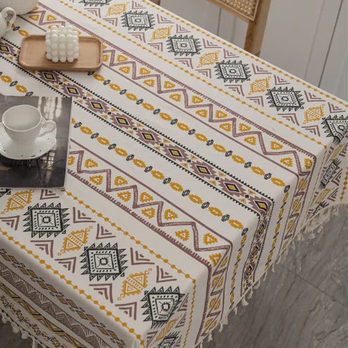 Boho Summer Cotton Linen Tablecloth with Tassels